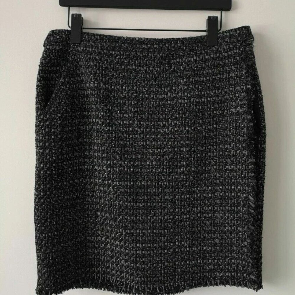 New AKRIS Black Cotton Wool Blend Fringe Hem Wrap Front Tweed Mini Skirt 12